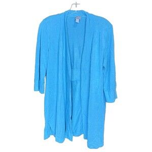 Chico's Cardigan Woman Size 2 Large Teal/blue 3/4 Sleeve Long Line Sweater Open